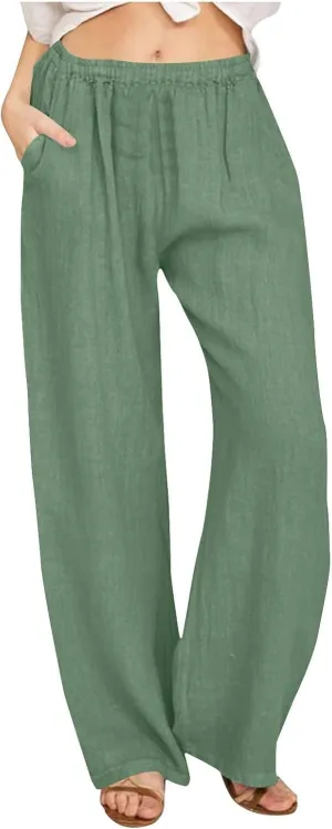 DASAYO Women's Summer Elastic Waist Cotton Linen Wide Leg Trousers Casual Loose Lounge Beach Palazzo Pants with Pockets