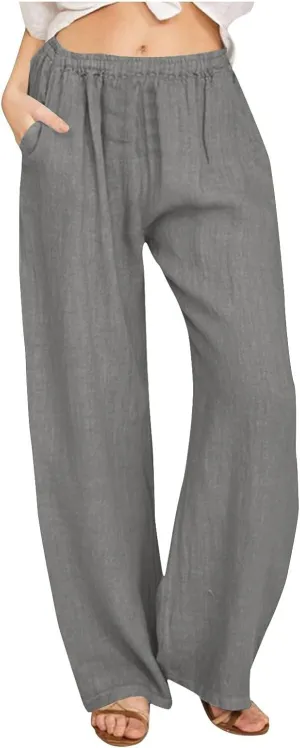 DASAYO Women's Summer Elastic Waist Cotton Linen Wide Leg Trousers Casual Loose Lounge Beach Palazzo Pants with Pockets