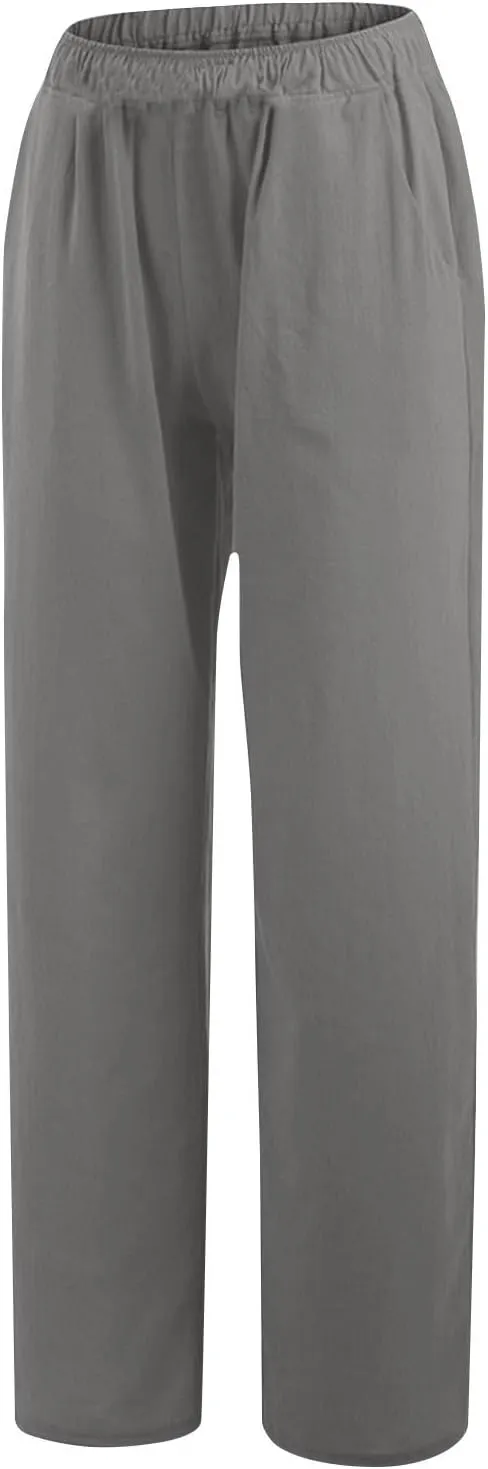 DASAYO Women's Summer Elastic Waist Cotton Linen Wide Leg Trousers Casual Loose Lounge Beach Palazzo Pants with Pockets