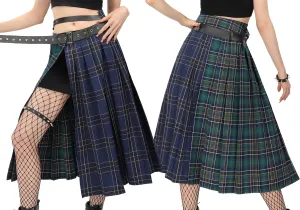DAZCOS Plaid Slit Thigh Maxi US Size Low Waist Pleated Midi Skirt with Belt for Women