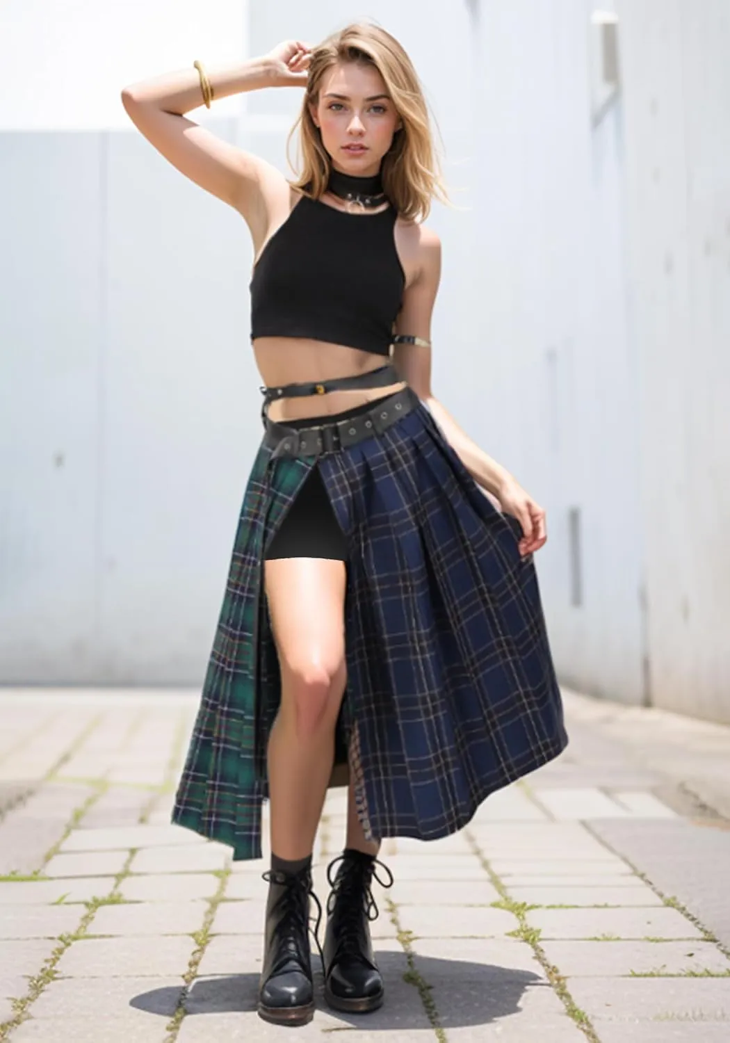 DAZCOS Plaid Slit Thigh Maxi US Size Low Waist Pleated Midi Skirt with Belt for Women