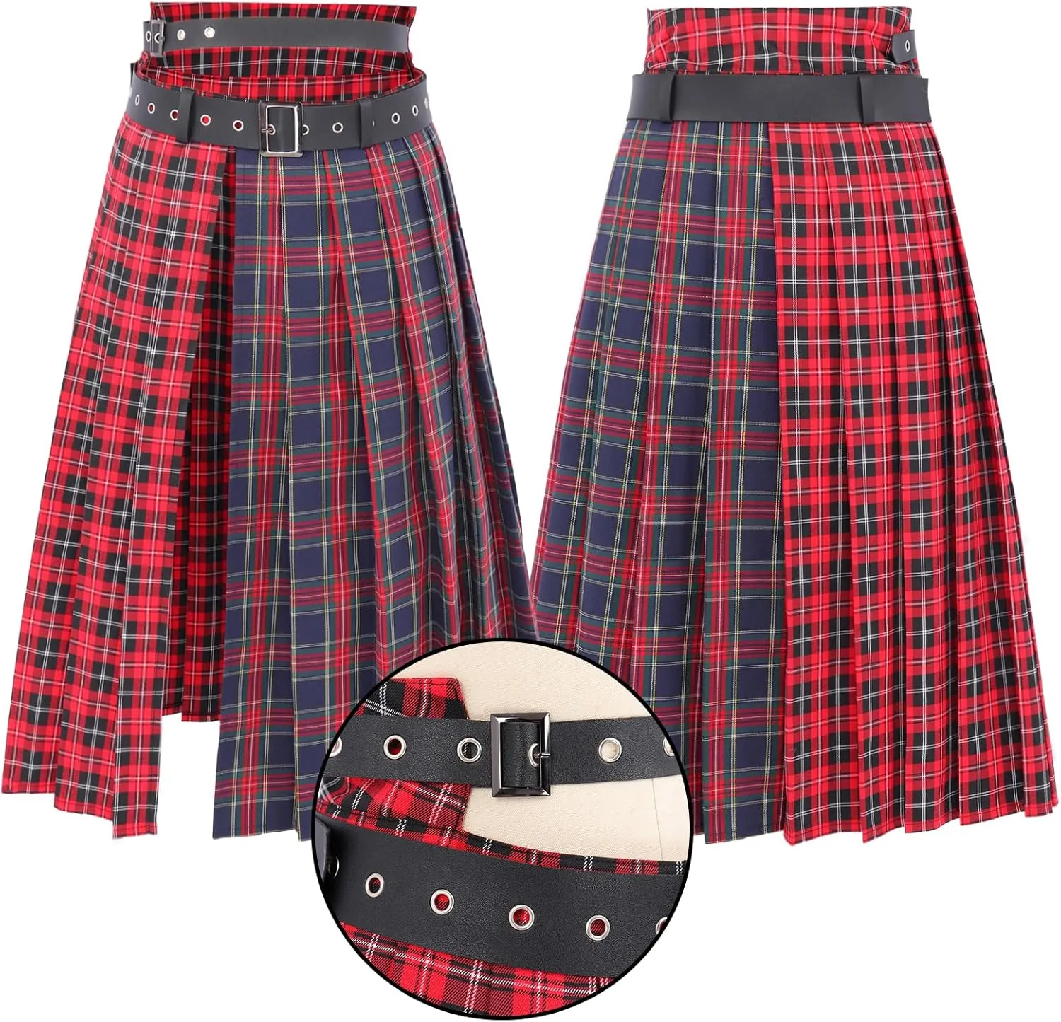 DAZCOS Plaid Slit Thigh Maxi US Size Low Waist Pleated Midi Skirt with Belt for Women