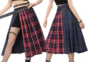 DAZCOS Plaid Slit Thigh Maxi US Size Low Waist Pleated Midi Skirt with Belt for Women