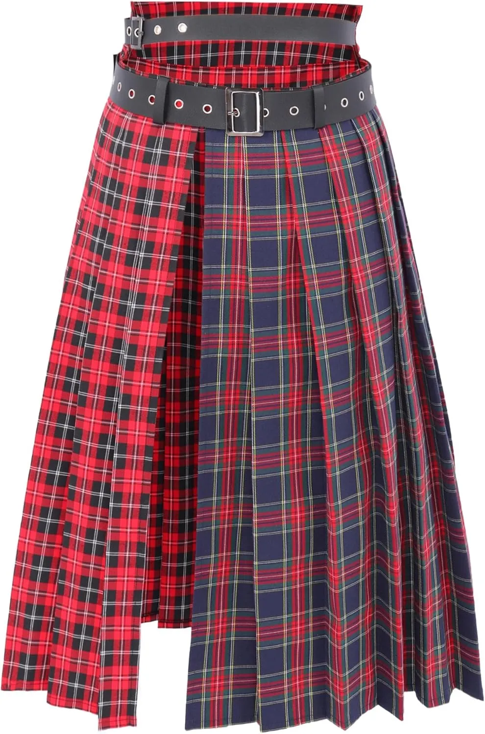 DAZCOS Plaid Slit Thigh Maxi US Size Low Waist Pleated Midi Skirt with Belt for Women
