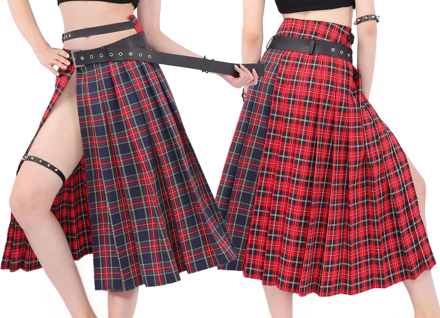 DAZCOS Plaid Slit Thigh Maxi US Size Low Waist Pleated Midi Skirt with Belt for Women