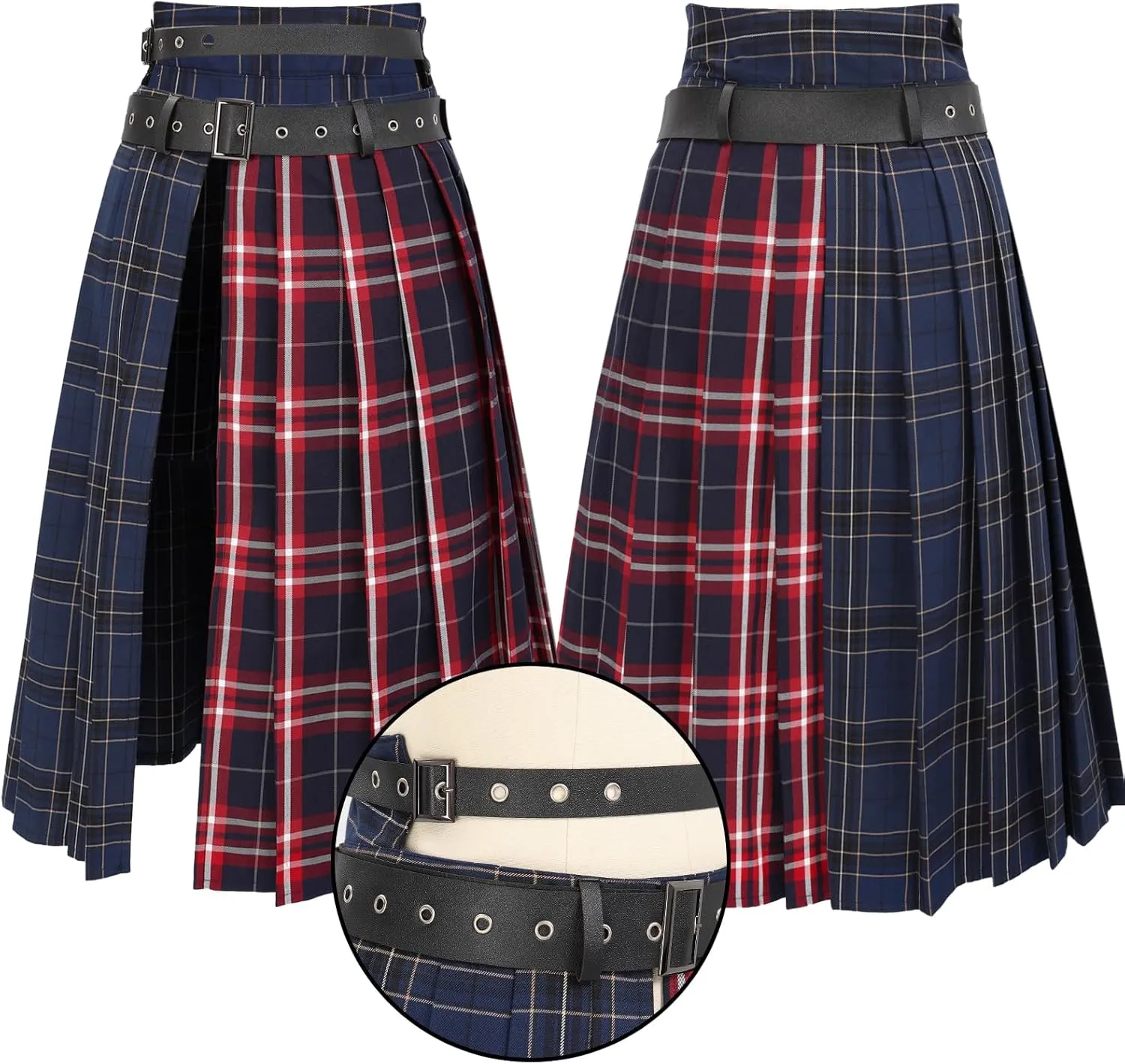 DAZCOS Plaid Slit Thigh Maxi US Size Low Waist Pleated Midi Skirt with Belt for Women