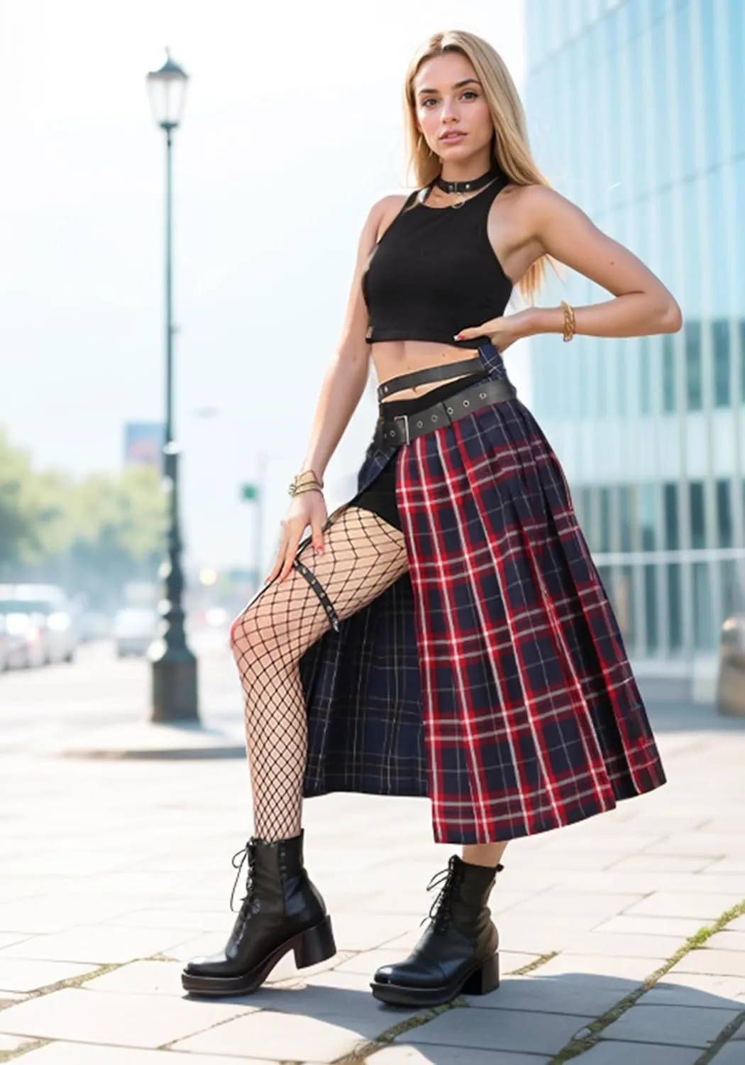DAZCOS Plaid Slit Thigh Maxi US Size Low Waist Pleated Midi Skirt with Belt for Women