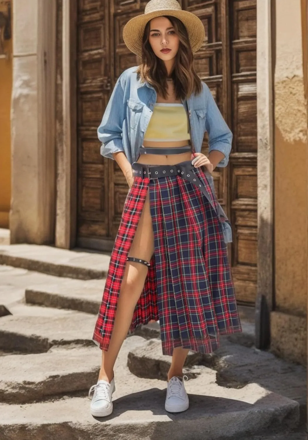 DAZCOS Plaid Slit Thigh Maxi US Size Low Waist Pleated Midi Skirt with Belt for Women