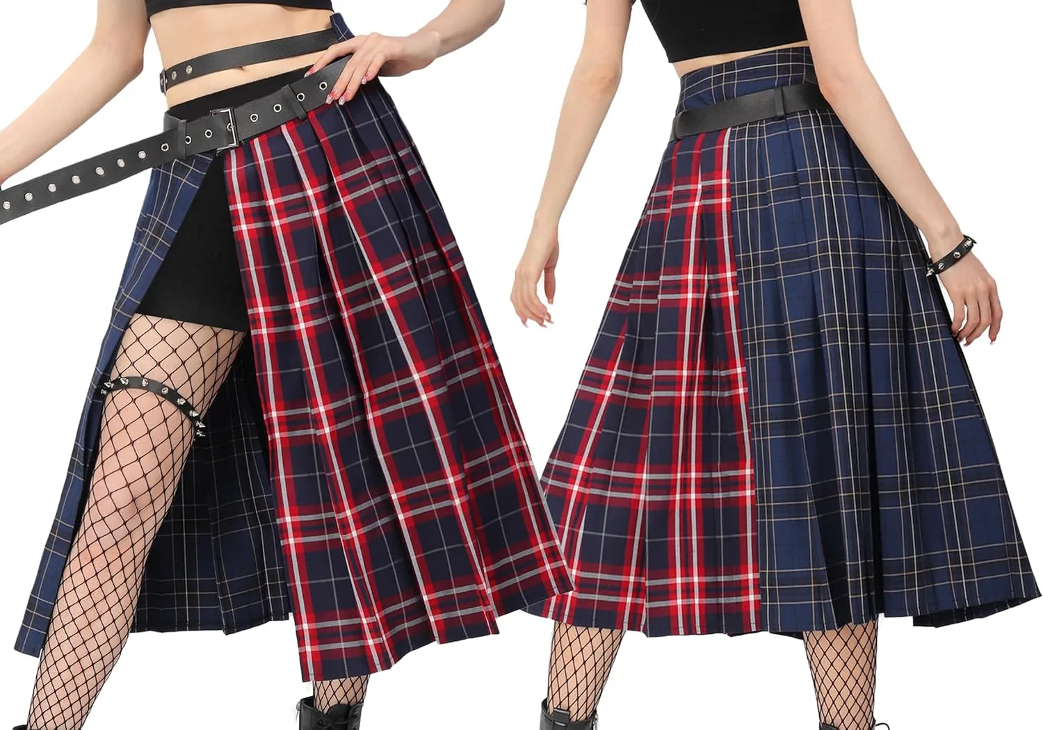 DAZCOS Plaid Slit Thigh Maxi US Size Low Waist Pleated Midi Skirt with Belt for Women