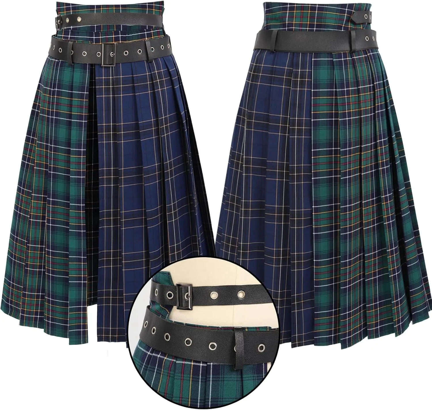 DAZCOS Plaid Slit Thigh Maxi US Size Low Waist Pleated Midi Skirt with Belt for Women
