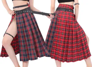 DAZCOS Plaid Slit Thigh Maxi US Size Low Waist Pleated Midi Skirt with Belt for Women