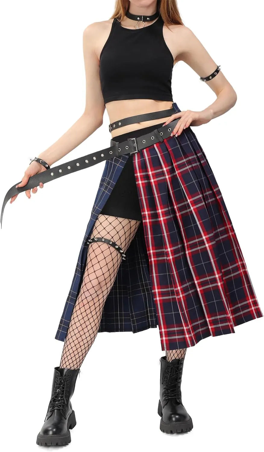 DAZCOS Plaid Slit Thigh Maxi US Size Low Waist Pleated Midi Skirt with Belt for Women