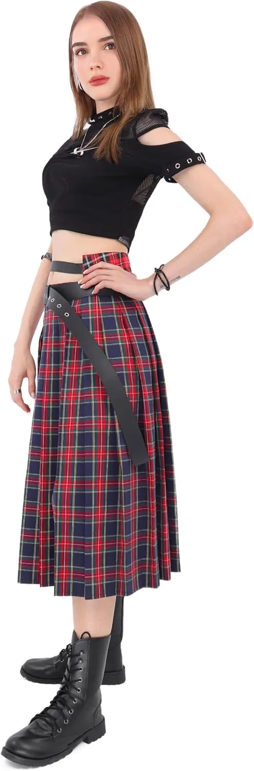 DAZCOS Plaid Slit Thigh Maxi US Size Low Waist Pleated Midi Skirt with Belt for Women