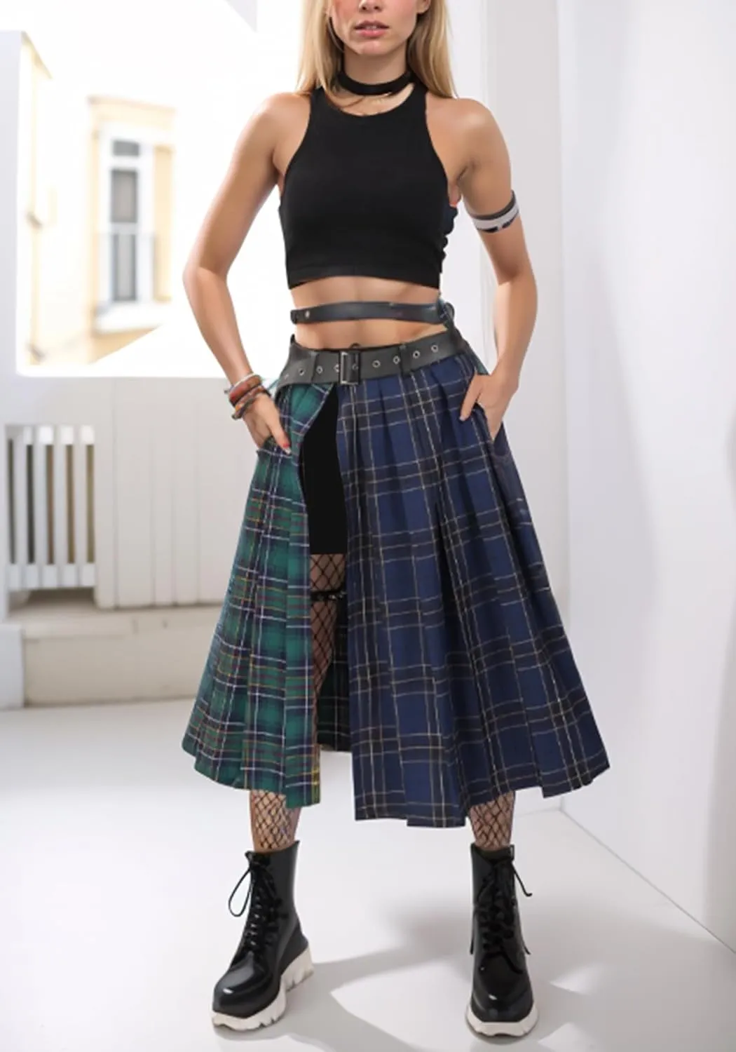 DAZCOS Plaid Slit Thigh Maxi US Size Low Waist Pleated Midi Skirt with Belt for Women