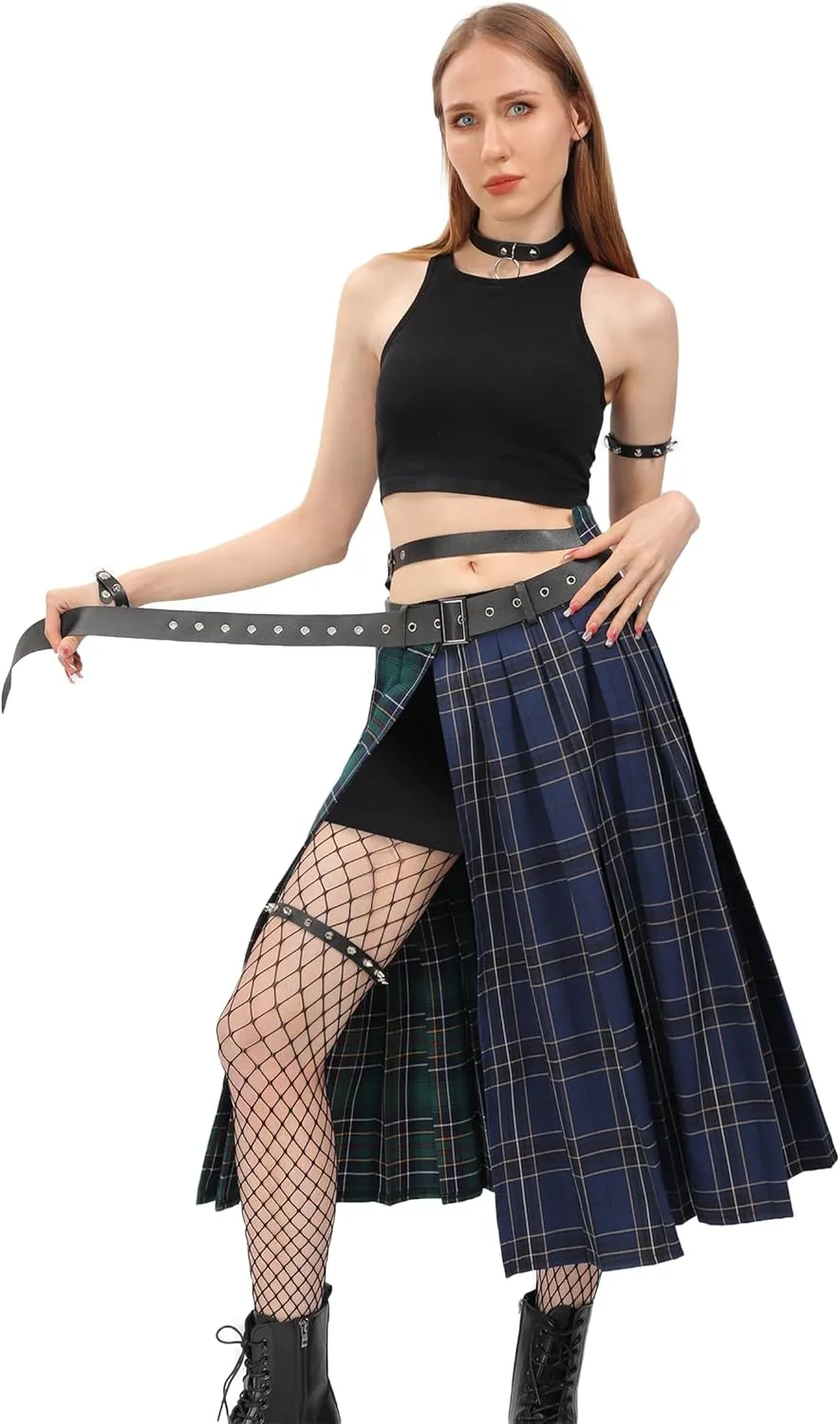 DAZCOS Plaid Slit Thigh Maxi US Size Low Waist Pleated Midi Skirt with Belt for Women