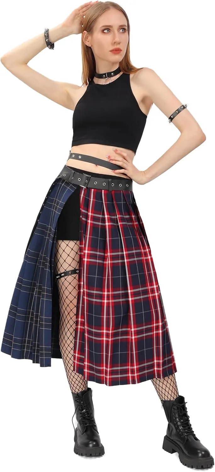 DAZCOS Plaid Slit Thigh Maxi US Size Low Waist Pleated Midi Skirt with Belt for Women