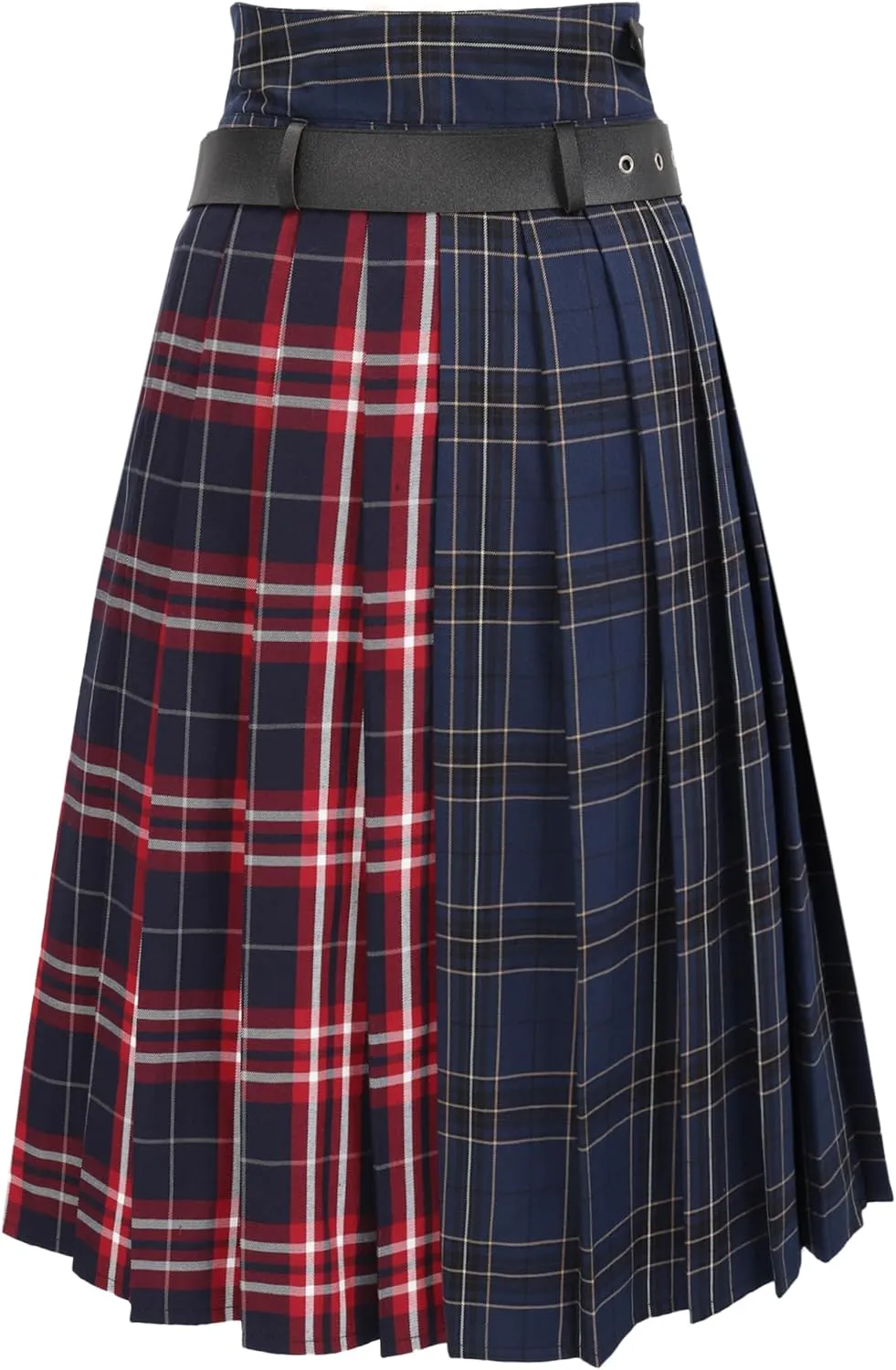 DAZCOS Plaid Slit Thigh Maxi US Size Low Waist Pleated Midi Skirt with Belt for Women