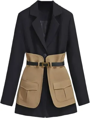 Dbdkejj Women Autumn/Winter Casual Colorblock Blazer Notched Collar Long Sleeve High Waist Sashes Coat