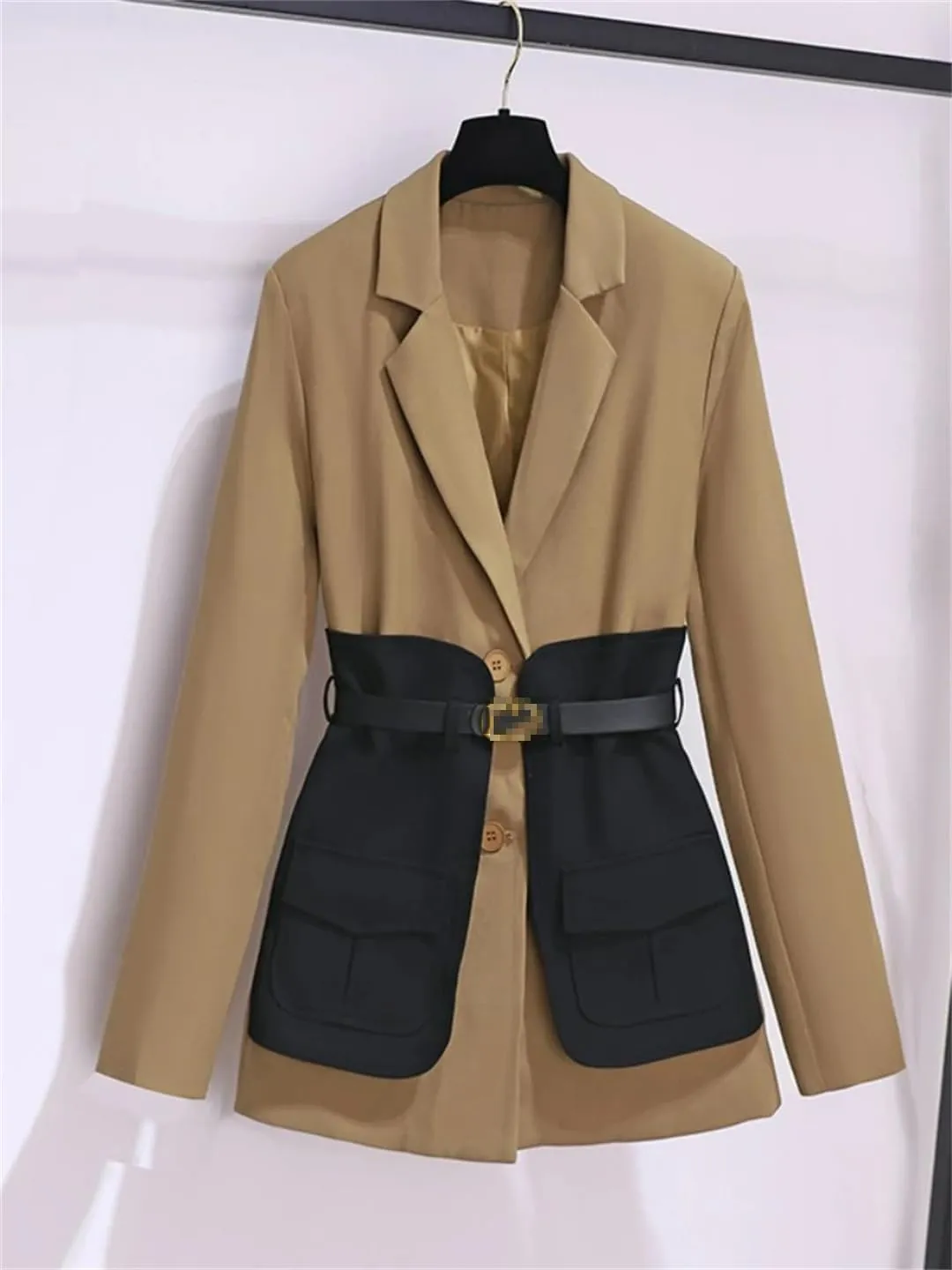 Dbdkejj Women Autumn/Winter Casual Colorblock Blazer Notched Collar Long Sleeve High Waist Sashes Coat