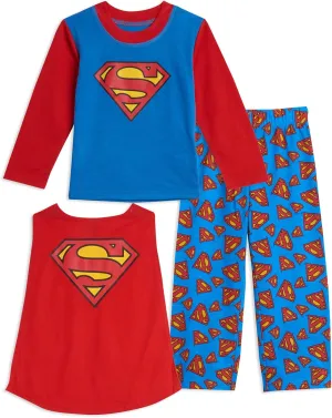 DC Comics Justice League Superman Batman Pajama Shirt Pants and Cape 3 Piece Set Toddler to Big Kid