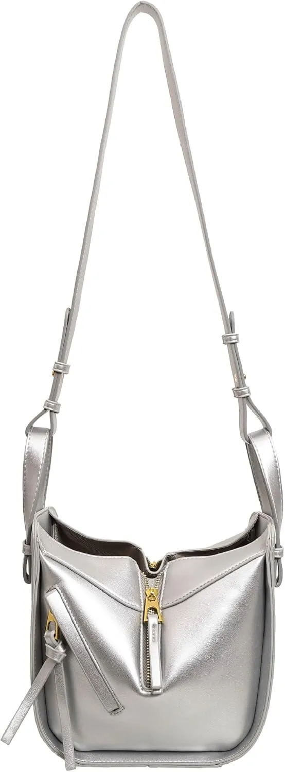 Designer Leather Shoulder Bag with Gold Zipper Details,Open Bucket Handbag Dumpling type