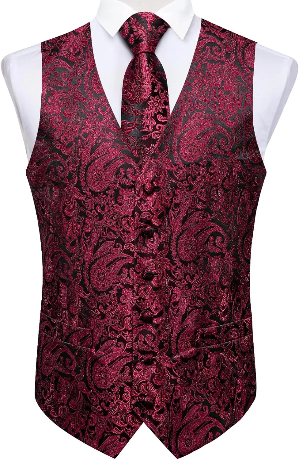 DiBanGu Men's Silk Paisley Vest and Necktie Set 6PCS Pre-tied Bow Tie Formal Waistcoat for Wedding Party