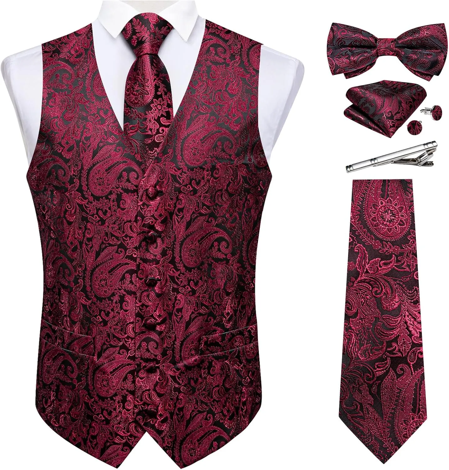 DiBanGu Men's Silk Paisley Vest and Necktie Set 6PCS Pre-tied Bow Tie Formal Waistcoat for Wedding Party