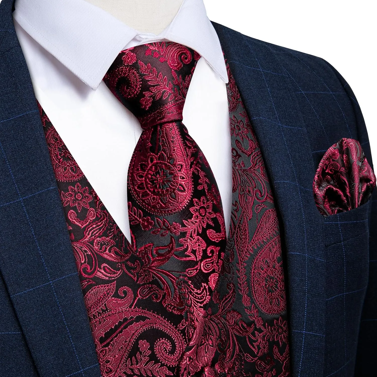 DiBanGu Men's Silk Paisley Vest and Necktie Set 6PCS Pre-tied Bow Tie Formal Waistcoat for Wedding Party