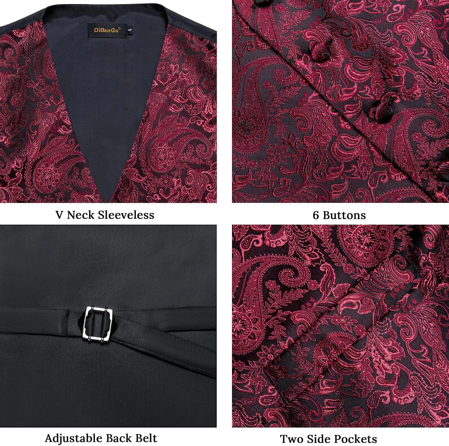 DiBanGu Men's Silk Paisley Vest and Necktie Set 6PCS Pre-tied Bow Tie Formal Waistcoat for Wedding Party