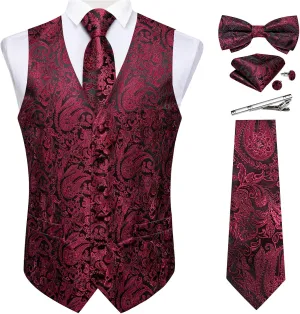 DiBanGu Men's Silk Paisley Vest and Necktie Set 6PCS Pre-tied Bow Tie Formal Waistcoat for Wedding Party