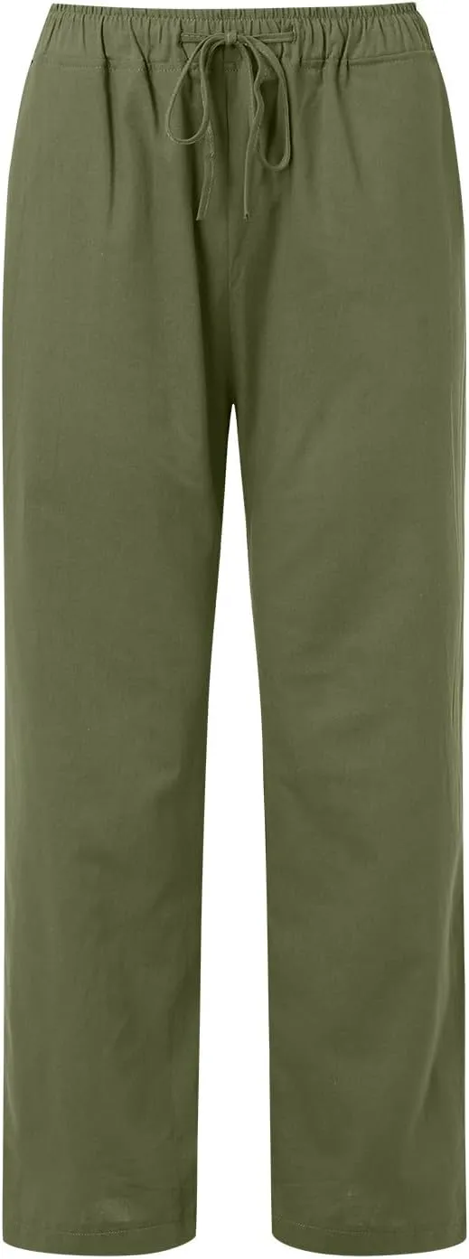 Drawstring Pants Women High Waisted Cotton Linen Wide Leg Summer Trouser Casual Loose Fit Palazzo Pull On Sweatpant