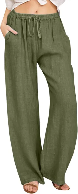 Drawstring Pants Women High Waisted Cotton Linen Wide Leg Summer Trouser Casual Loose Fit Palazzo Pull On Sweatpant