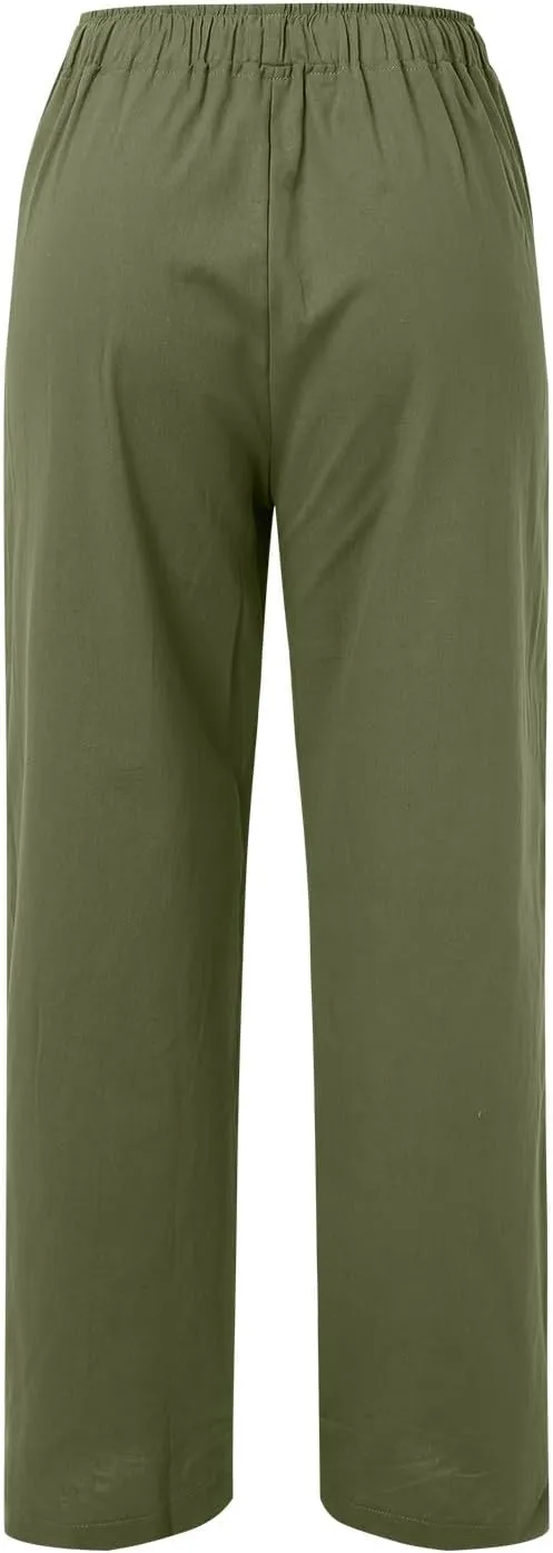 Drawstring Pants Women High Waisted Cotton Linen Wide Leg Summer Trouser Casual Loose Fit Palazzo Pull On Sweatpant