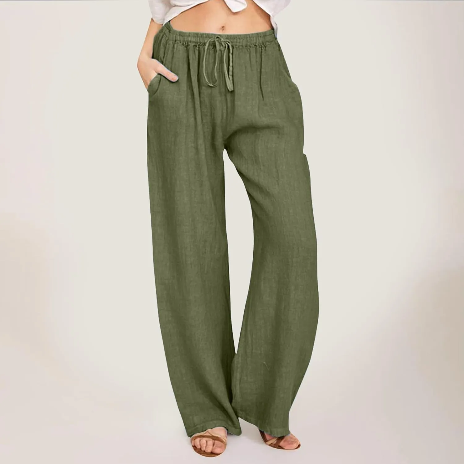 Drawstring Pants Women High Waisted Cotton Linen Wide Leg Summer Trouser Casual Loose Fit Palazzo Pull On Sweatpant