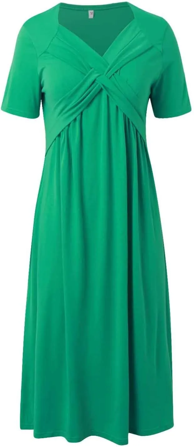 Eduavar Summer Dresses for Women, Maxi Dress for Women Dressy Elegant Short Sleeve V Neck Floral Dress with Drawstring