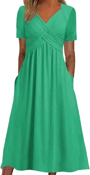 Eduavar Summer Dresses for Women, Maxi Dress for Women Dressy Elegant Short Sleeve V Neck Floral Dress with Drawstring