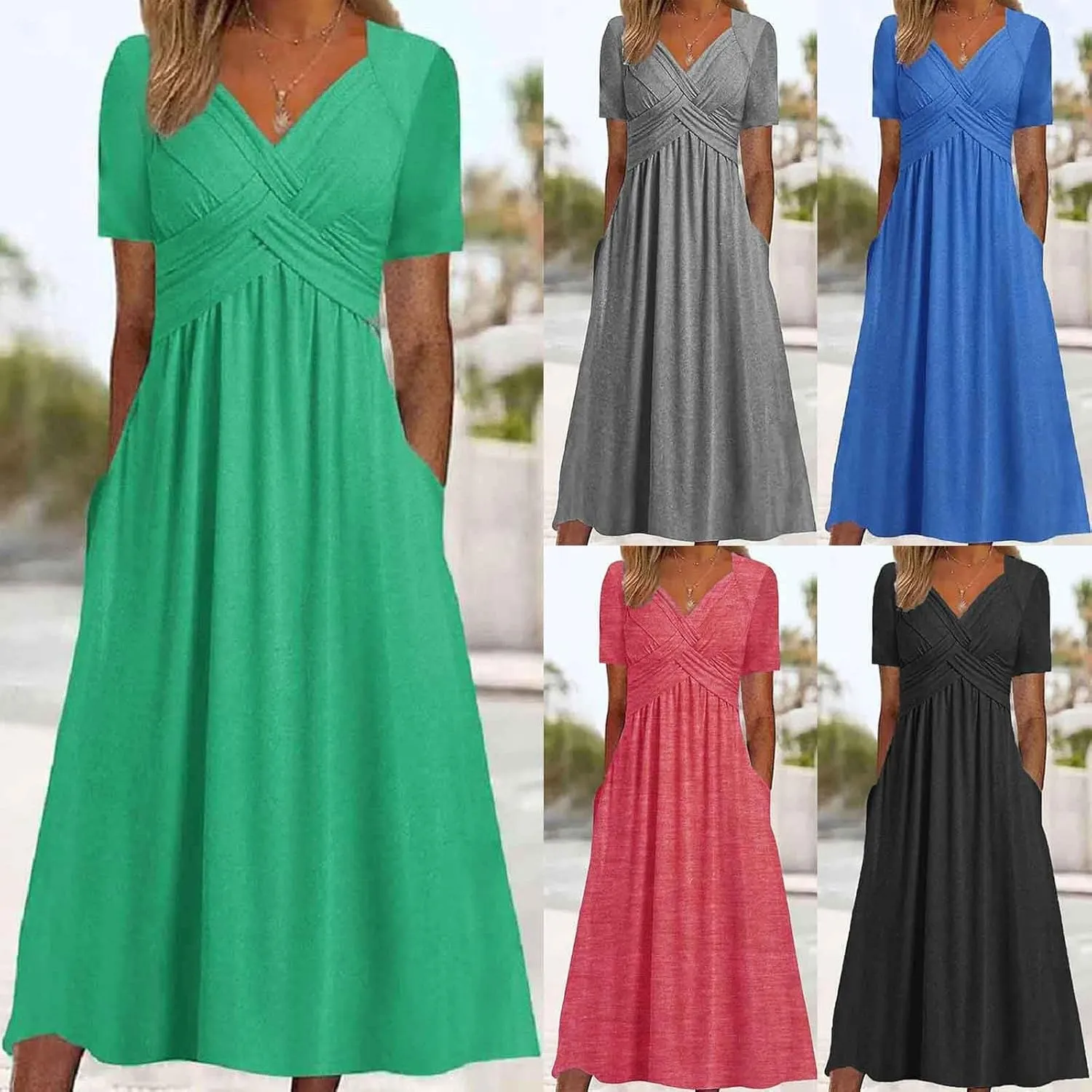 Eduavar Summer Dresses for Women, Maxi Dress for Women Dressy Elegant Short Sleeve V Neck Floral Dress with Drawstring