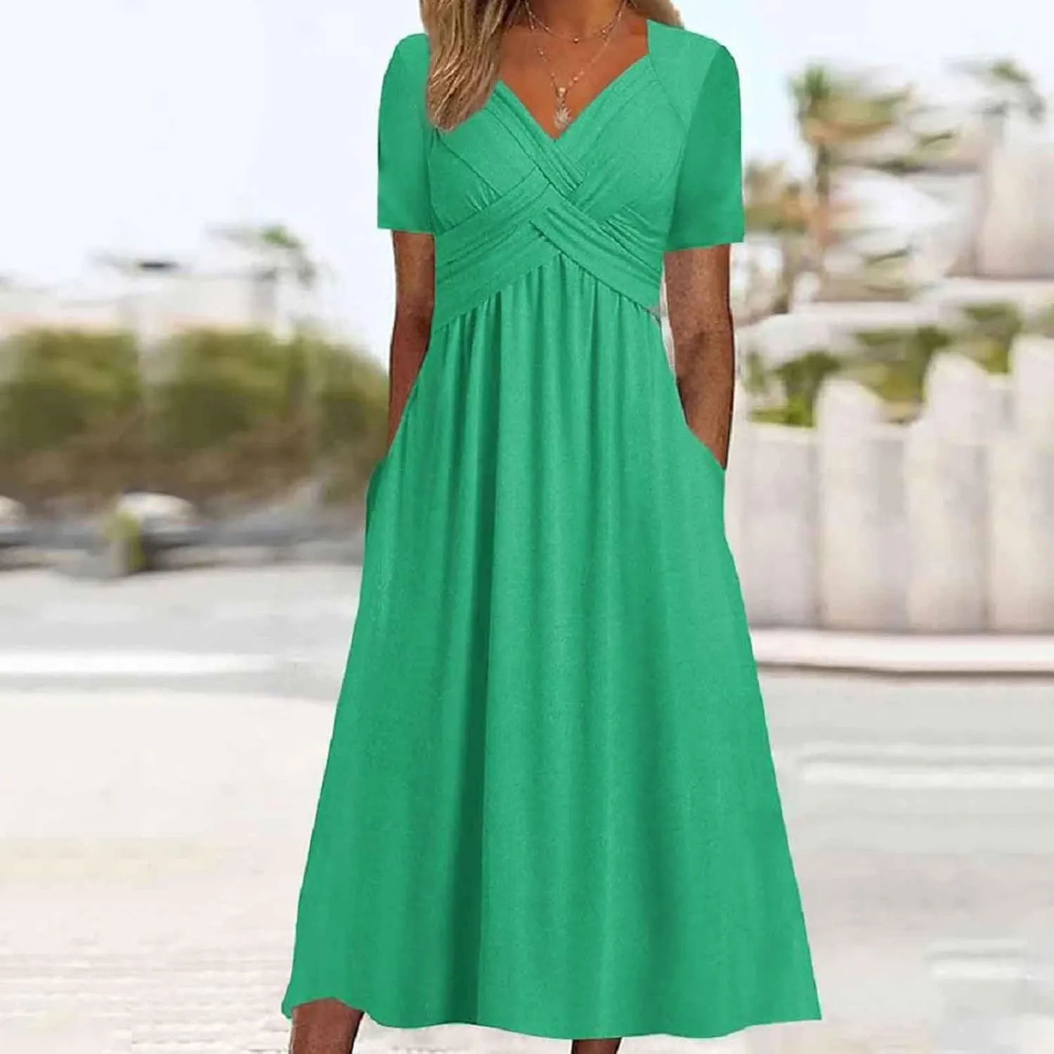 Eduavar Summer Dresses for Women, Maxi Dress for Women Dressy Elegant Short Sleeve V Neck Floral Dress with Drawstring