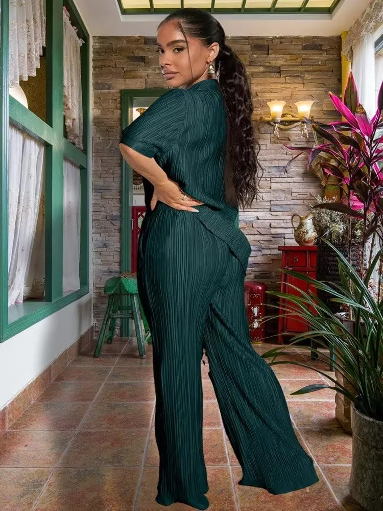 Ekaliy Women's 2 Piece Casual Pleated Outfits Short Sleeve Button Down Shirt High Waist Wide Leg Trouser Sets Suit