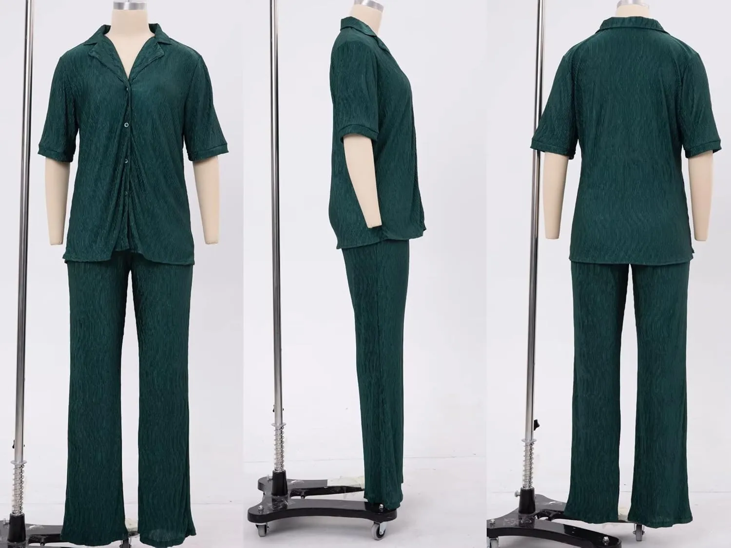 Ekaliy Women's 2 Piece Casual Pleated Outfits Short Sleeve Button Down Shirt High Waist Wide Leg Trouser Sets Suit