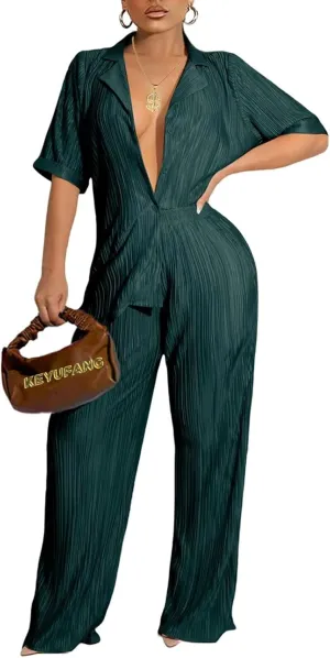 Ekaliy Women's 2 Piece Casual Pleated Outfits Short Sleeve Button Down Shirt High Waist Wide Leg Trouser Sets Suit