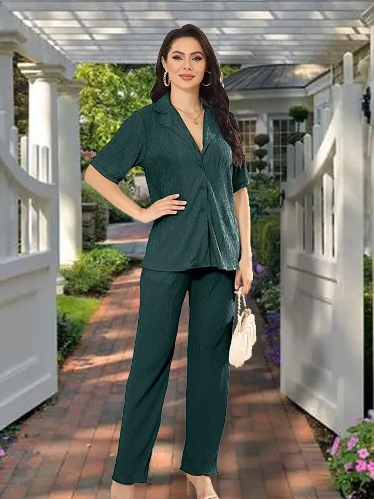 Ekaliy Women's 2 Piece Casual Pleated Outfits Short Sleeve Button Down Shirt High Waist Wide Leg Trouser Sets Suit