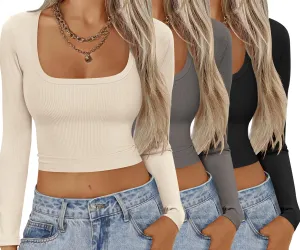 Ekouaer Womens 3 Pack Long Sleeve Crop Tops Square Neck Ribbed Slim Fitted Base Layer Basic Shirt Thermal Undershirts XS-XXL
