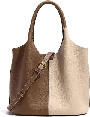 Elegant Grain Leather Handbag for Women Color-Block Small Bucket Bag Ladies Exquisite Crossbody Shoulder Bag