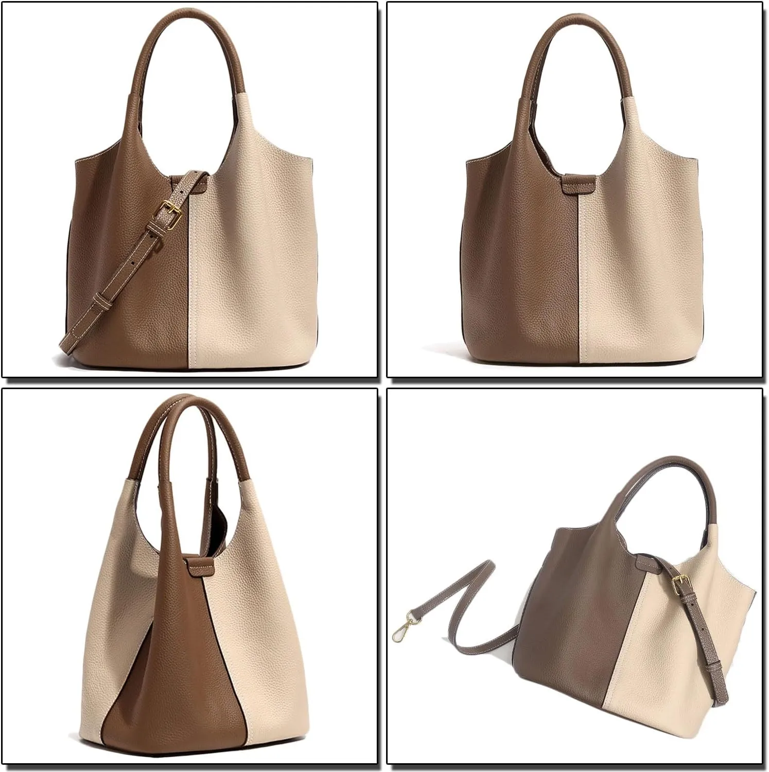 Elegant Grain Leather Handbag for Women Color-Block Small Bucket Bag Ladies Exquisite Crossbody Shoulder Bag