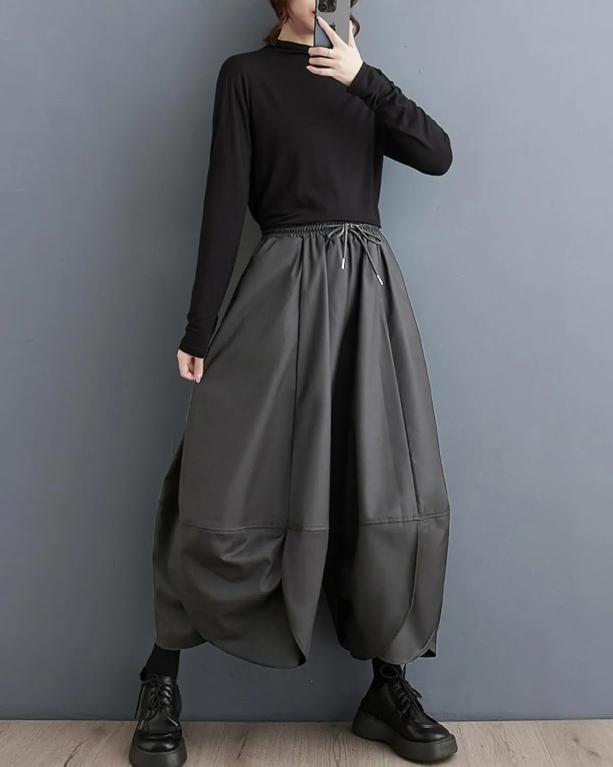 ellazhu Women's Puffy Drawstring Elastic Waist Drop Crotch Hakama Harem Wide Leg Pants GZ81 A