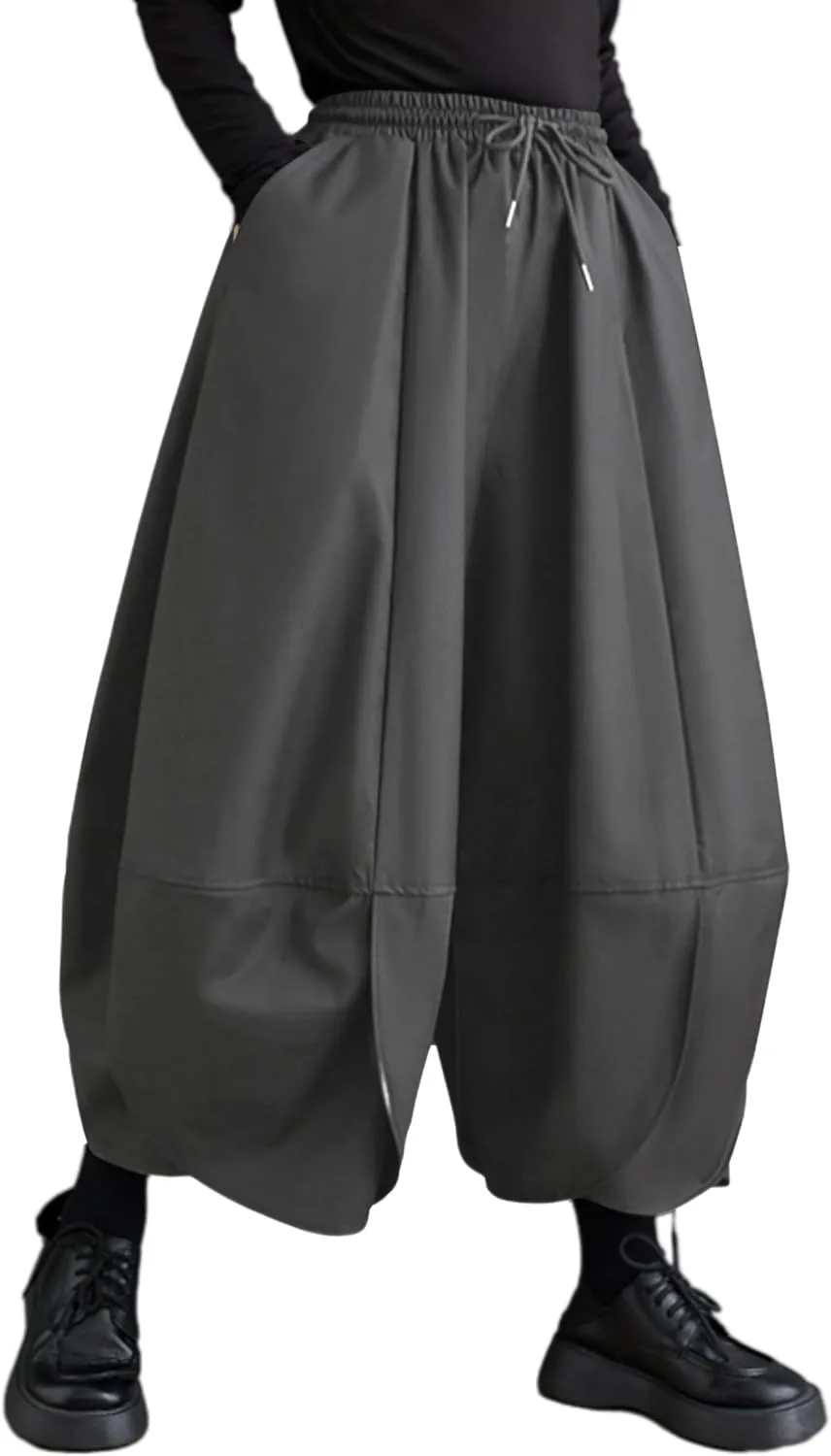 ellazhu Women's Puffy Drawstring Elastic Waist Drop Crotch Hakama Harem Wide Leg Pants GZ81 A