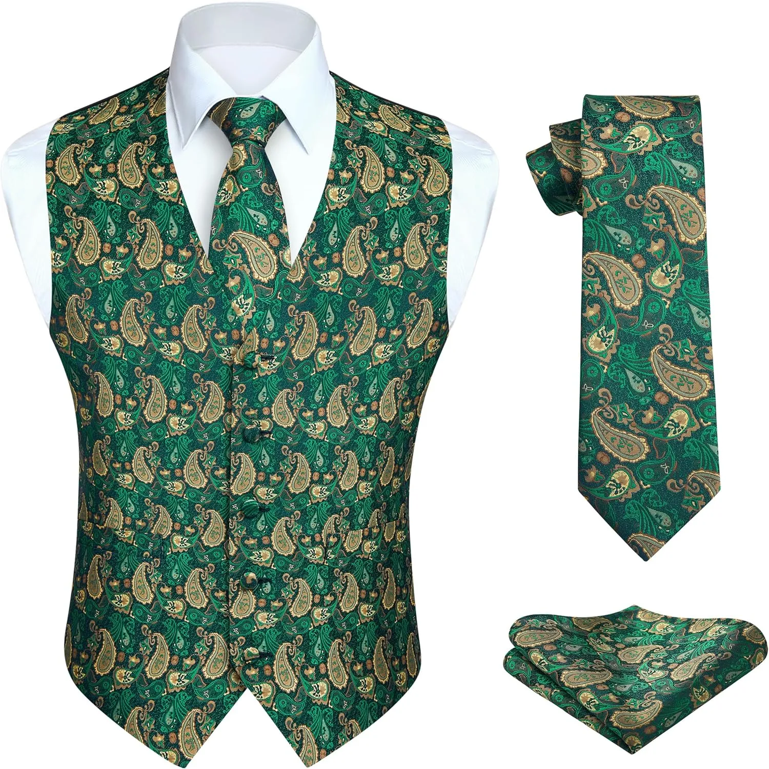 Enlision Mens Vest Tie Set Paisley Vest and Necktie Pocket Square 3pc Formal Dress Waistcoat for Suit or Tuxedo