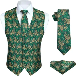 Enlision Mens Vest Tie Set Paisley Vest and Necktie Pocket Square 3pc Formal Dress Waistcoat for Suit or Tuxedo