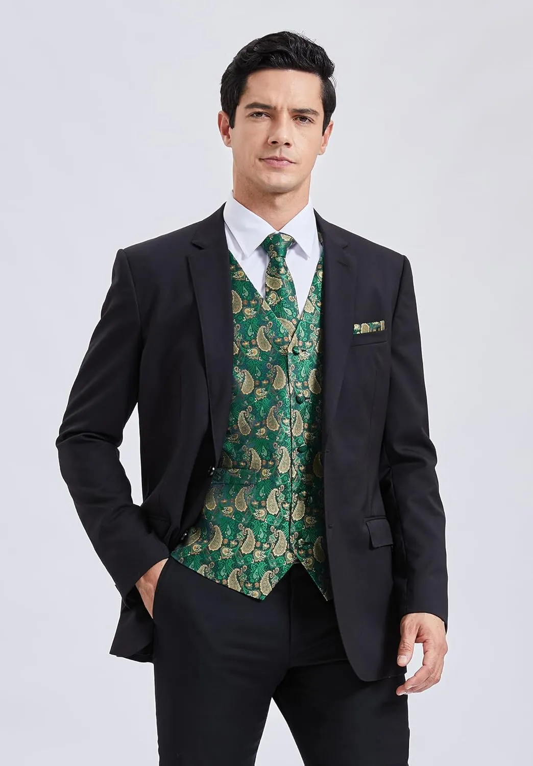Enlision Mens Vest Tie Set Paisley Vest and Necktie Pocket Square 3pc Formal Dress Waistcoat for Suit or Tuxedo